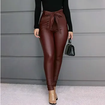 Модни Тесни Панталони-Молив От Изкуствена Кожа С Висока Талия, Обикновен Женски Панталони