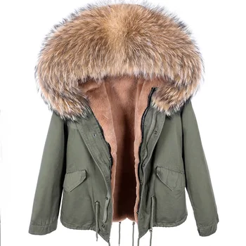 MAOMAOKONG 2021 Модерно Дамско палто с яка от естествена кожа на миеща мечка, зимна градина с голям кожа яка, яке-бомбер